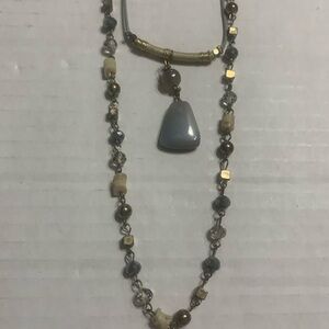 Double Stranded Gray & Gold necklace w/ gray gemstone center